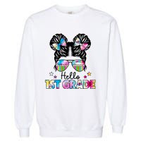 First Day Of School Hello First Grade Shirts Girl Messy Bun Garment-Dyed Sweatshirt