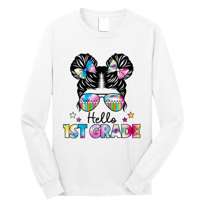 First Day Of School Hello First Grade Shirts Girl Messy Bun Long Sleeve Shirt