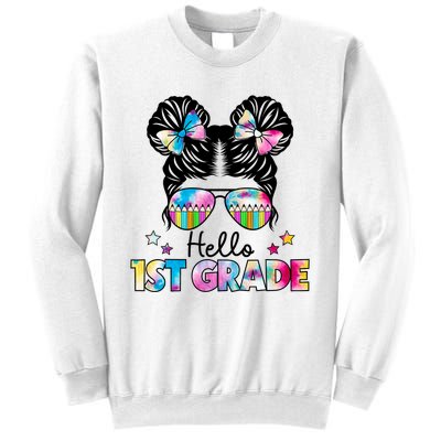 First Day Of School Hello First Grade Shirts Girl Messy Bun Sweatshirt