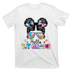 First Day Of School Hello First Grade Shirts Girl Messy Bun T-Shirt