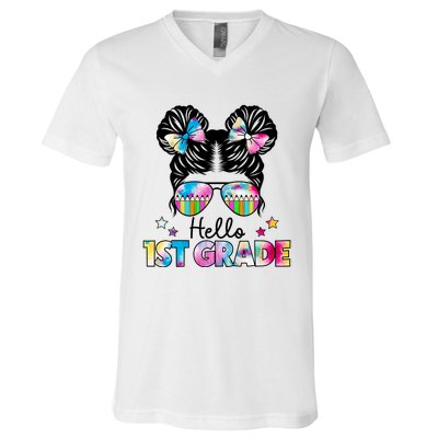 First Day Of School Hello First Grade Shirts Girl Messy Bun V-Neck T-Shirt