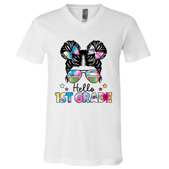 First Day Of School Hello First Grade Shirts Girl Messy Bun V-Neck T-Shirt