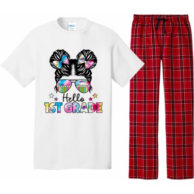 First Day Of School Hello First Grade Shirts Girl Messy Bun Pajama Set