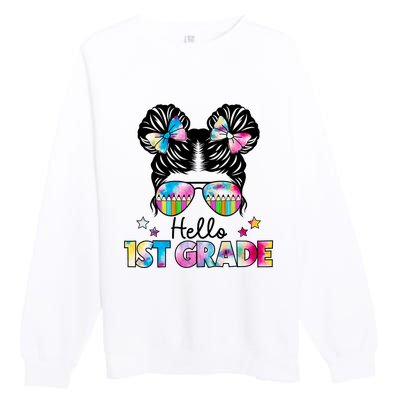 First Day Of School Hello First Grade Shirts Girl Messy Bun Premium Crewneck Sweatshirt