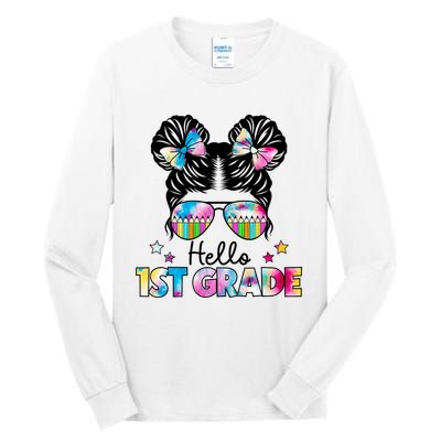 First Day Of School Hello First Grade Shirts Girl Messy Bun Tall Long Sleeve T-Shirt