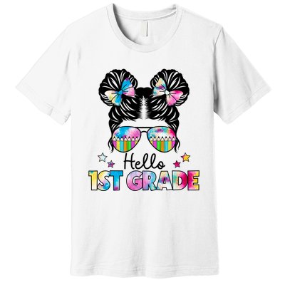 First Day Of School Hello First Grade Shirts Girl Messy Bun Premium T-Shirt