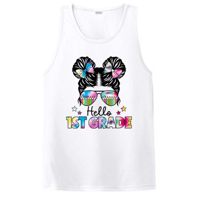 First Day Of School Hello First Grade Shirts Girl Messy Bun PosiCharge Competitor Tank