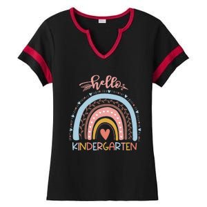 First Day Of School Hello Kindergarten Teacher Rainbow Ladies Halftime Notch Neck Tee