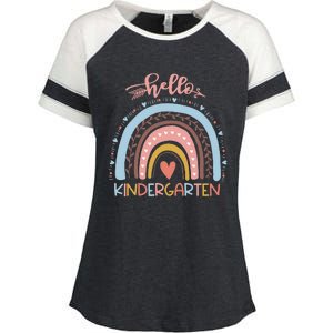 First Day Of School Hello Kindergarten Teacher Rainbow Enza Ladies Jersey Colorblock Tee