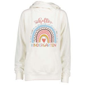 First Day Of School Hello Kindergarten Teacher Rainbow Womens Funnel Neck Pullover Hood