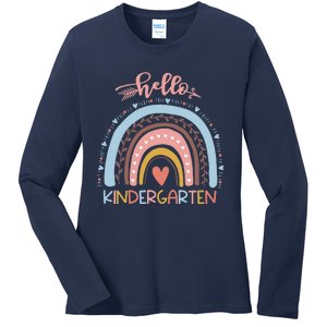 First Day Of School Hello Kindergarten Teacher Rainbow Ladies Long Sleeve Shirt