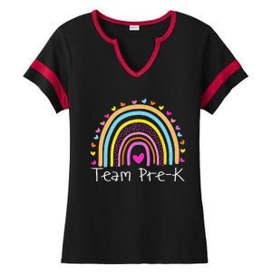 First Day Of Team PreK Squad Crew Preschool Teacher Rainbow Ladies Halftime Notch Neck Tee