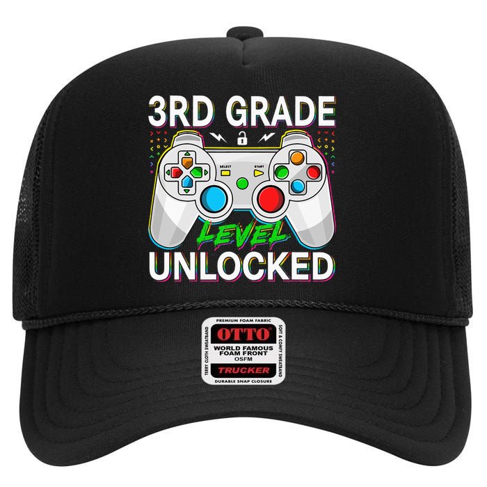 First Day Of 3rd Grade Level Unlocked School Gamer Kids High Crown Mesh Back Trucker Hat