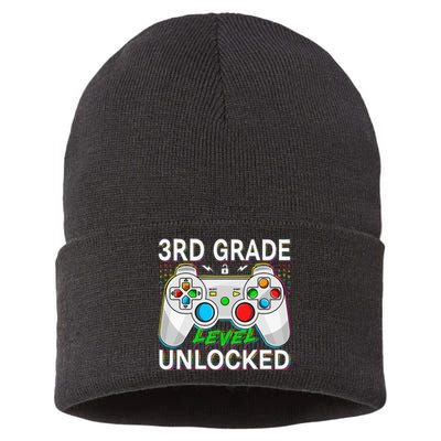 First Day Of 3rd Grade Level Unlocked School Gamer Kids Sustainable Knit Beanie