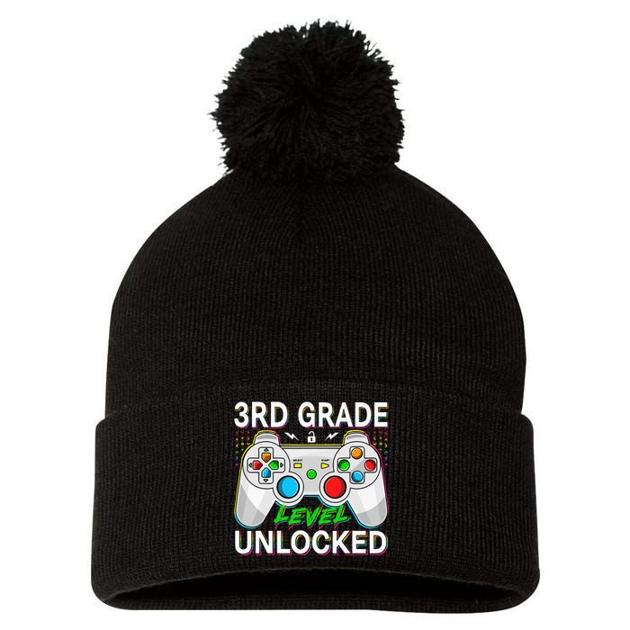 First Day Of 3rd Grade Level Unlocked School Gamer Kids Pom Pom 12in Knit Beanie