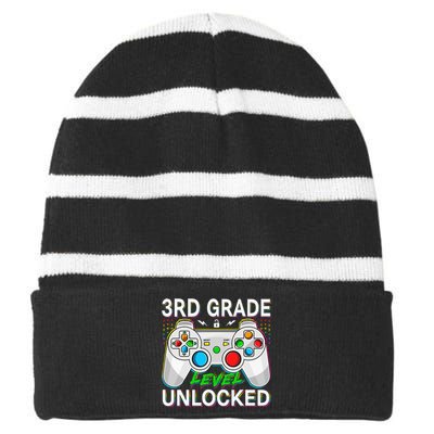 First Day Of 3rd Grade Level Unlocked School Gamer Kids Striped Beanie with Solid Band