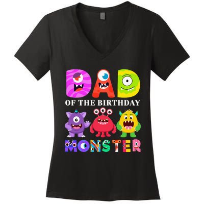 funny Dad of the Birthday Monster Party Family Women's V-Neck T-Shirt