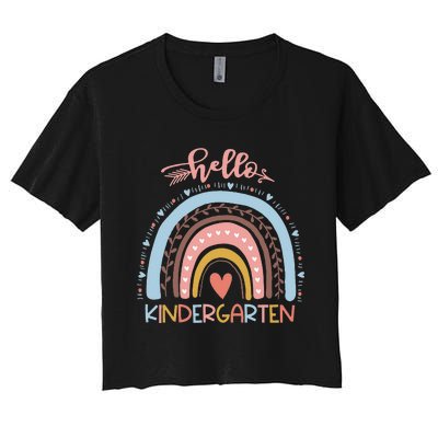 First Day of School Hello Kindergarten Teacher Rainbow  Women's Crop Top Tee