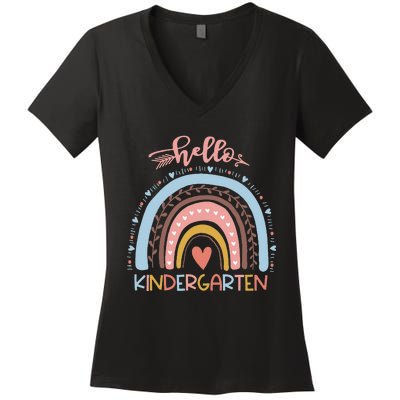 First Day of School Hello Kindergarten Teacher Rainbow  Women's V-Neck T-Shirt