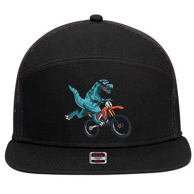Funny Dino On Dirt Bike TRex Lover Rider Motorcycle Riding 7 Panel Mesh Trucker Snapback Hat
