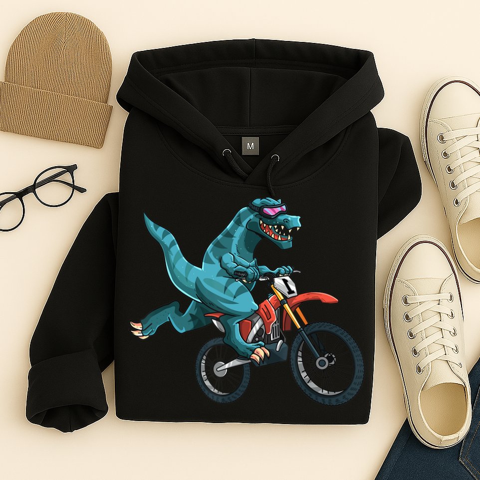 Funny Dino On Dirt Bike TRex Lover Rider Motorcycle Riding Hoodie