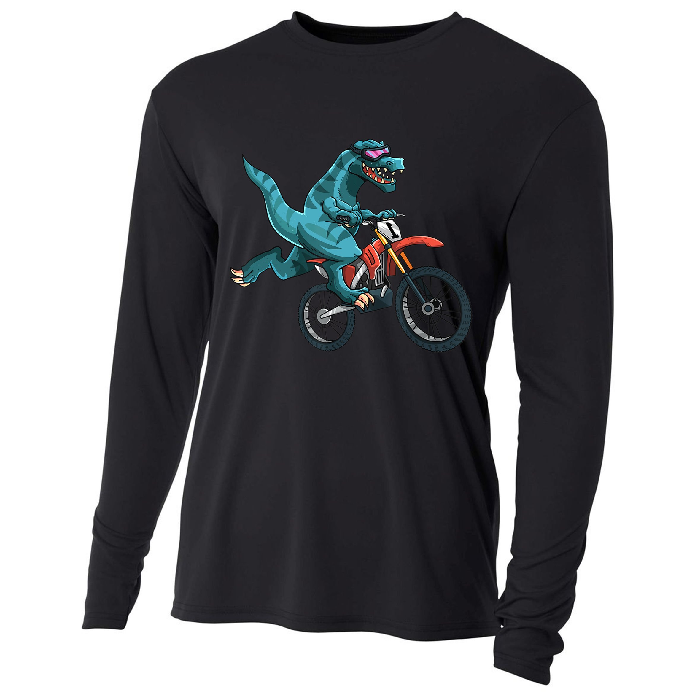 Funny Dino On Dirt Bike TRex Lover Rider Motorcycle Riding Cooling Performance Long Sleeve Crew
