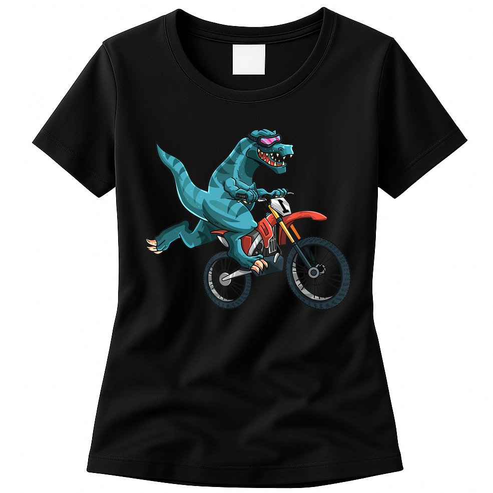 Funny Dino On Dirt Bike TRex Lover Rider Motorcycle Riding Womens T-Shirt