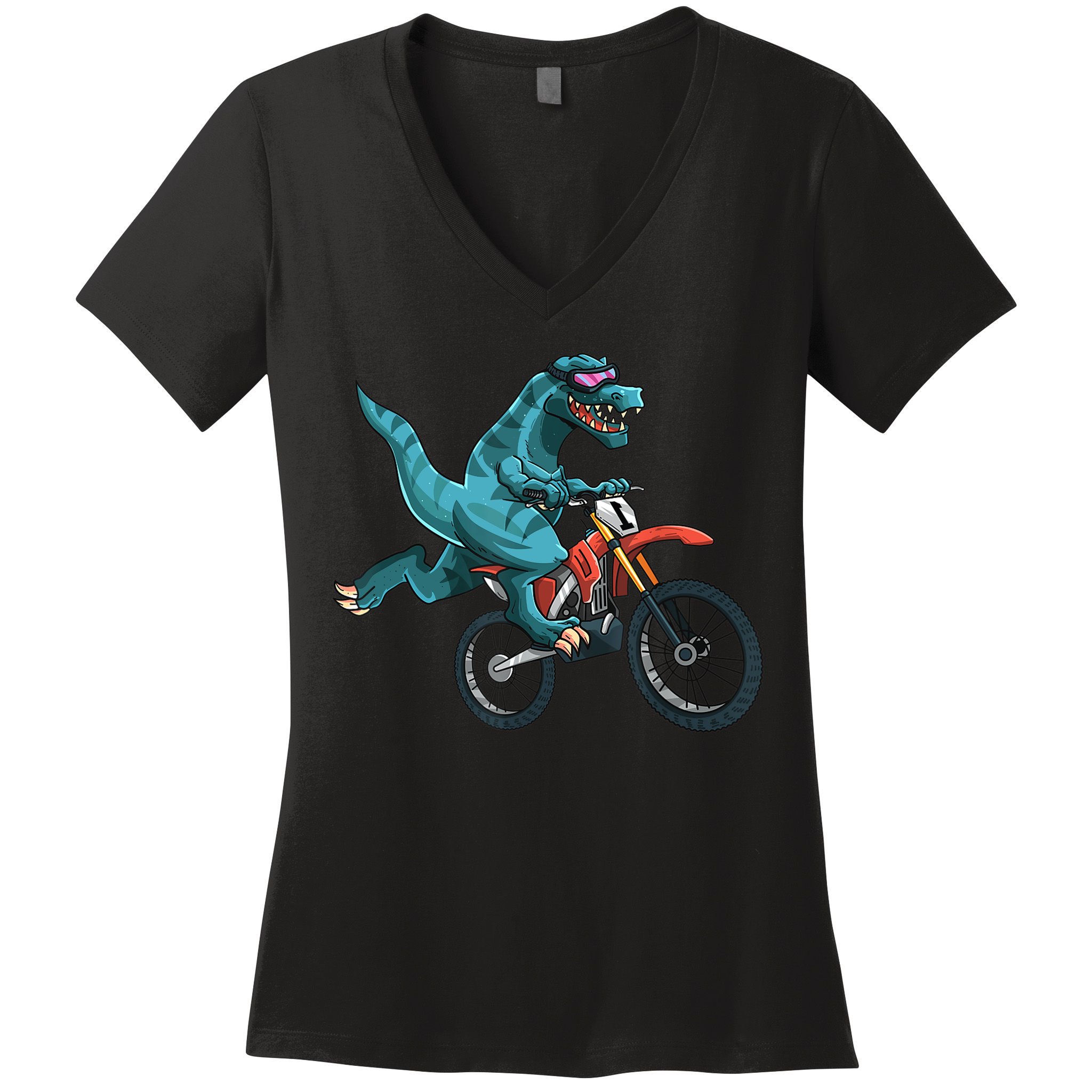 Funny Dino On Dirt Bike TRex Lover Rider Motorcycle Riding Women's V-Neck T-Shirt