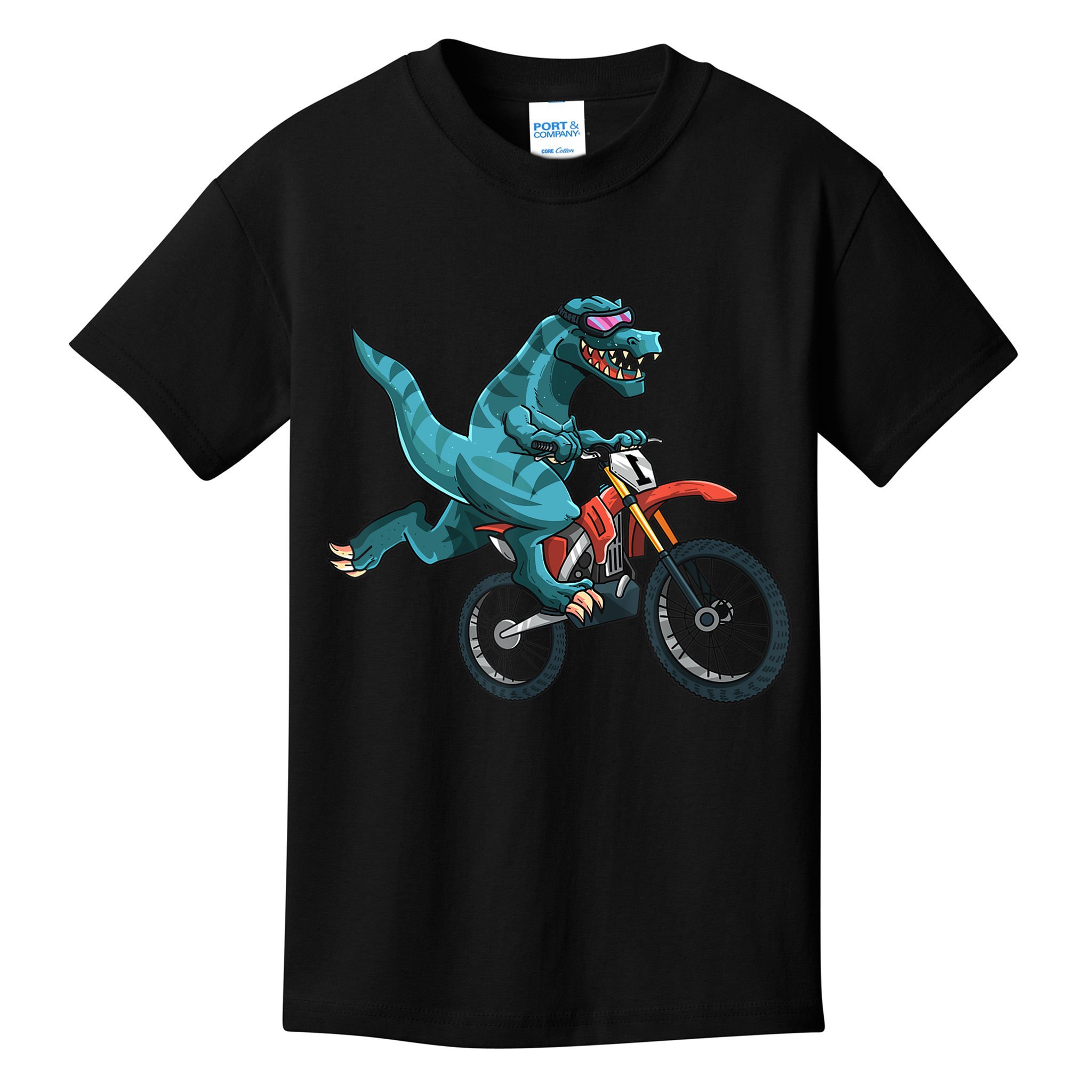 Funny Dino On Dirt Bike TRex Lover Rider Motorcycle Riding Kids T-Shirt