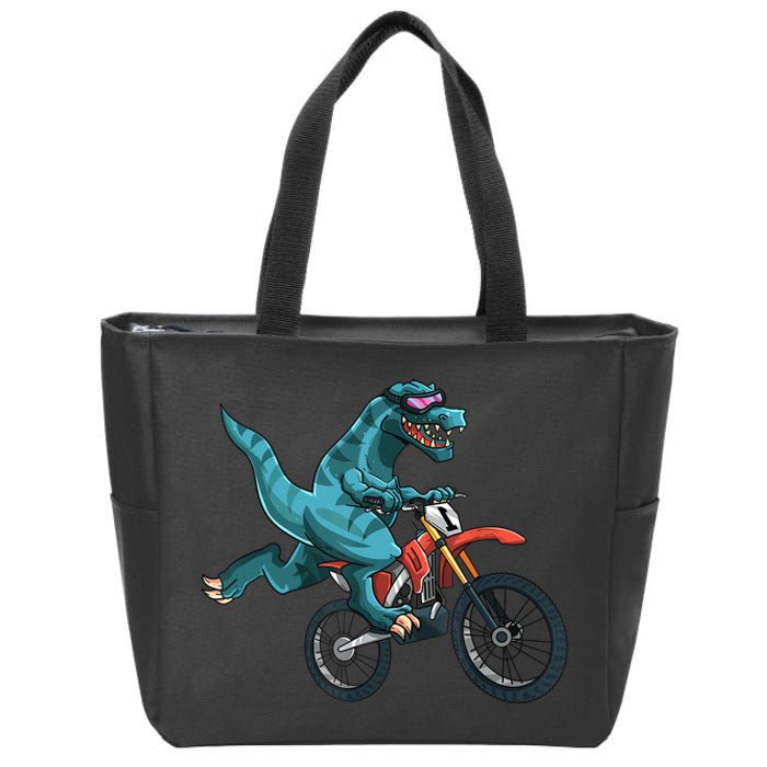 Funny Dino On Dirt Bike TRex Lover Rider Motorcycle Riding Zip Tote Bag