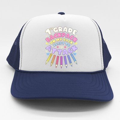 First Day Of School 1st Grade Girl Colored Pencils First Trucker Hat