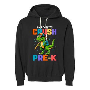 First Day Of Prek Boy Dinosaur Back To School Garment-Dyed Fleece Hoodie