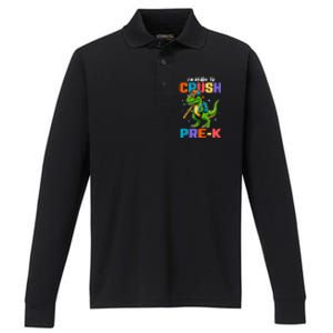 First Day Of Prek Boy Dinosaur Back To School Performance Long Sleeve Polo