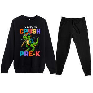 First Day Of Prek Boy Dinosaur Back To School Premium Crewneck Sweatsuit Set