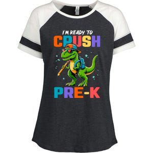 First Day Of Prek Boy Dinosaur Back To School Enza Ladies Jersey Colorblock Tee