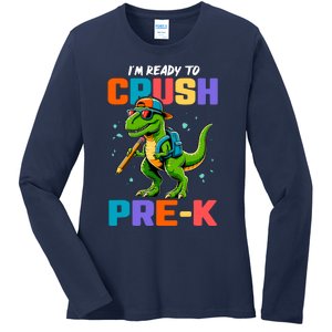 First Day Of Prek Boy Dinosaur Back To School Ladies Long Sleeve Shirt