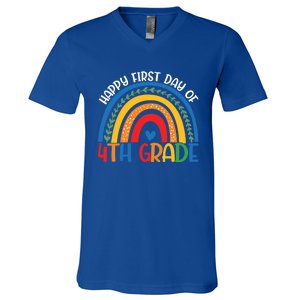 First Day Of 4Th Grade Teacher Rainbow Hello Fourth Grade Funny Gift V-Neck T-Shirt