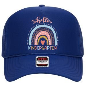 First Day Of School Hello Kindergarten Teacher Rainbow High Crown Mesh Back Trucker Hat