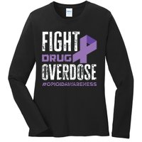 Fight Drug Overdose Pruple Ribbon Opioid Overdose Awareness Ladies Long Sleeve Shirt