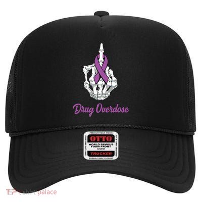 Fuck Drug Overdose Skeleton Hand Purple Ribbon Warrior High Crown Mesh Back Trucker Hat