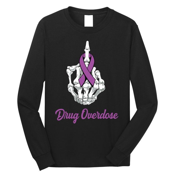 Fuck Drug Overdose Skeleton Hand Purple Ribbon Warrior Long Sleeve Shirt