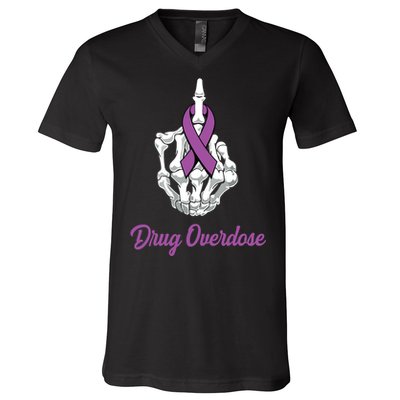 Fuck Drug Overdose Skeleton Hand Purple Ribbon Warrior V-Neck T-Shirt