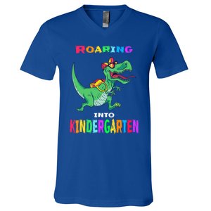 First Day Of Kindergarten Cool Gift Roaring Into Kindergarten Great Gift V-Neck T-Shirt