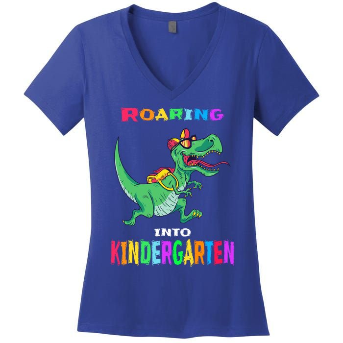 First Day Of Kindergarten Cool Gift Roaring Into Kindergarten Great Gift Women's V-Neck T-Shirt