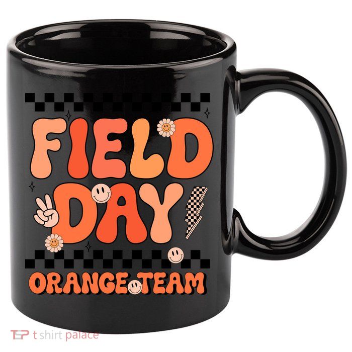 Field Day Orange Team Groovy Smile Face Checkered Students 11oz C Handle Ceramic Mug