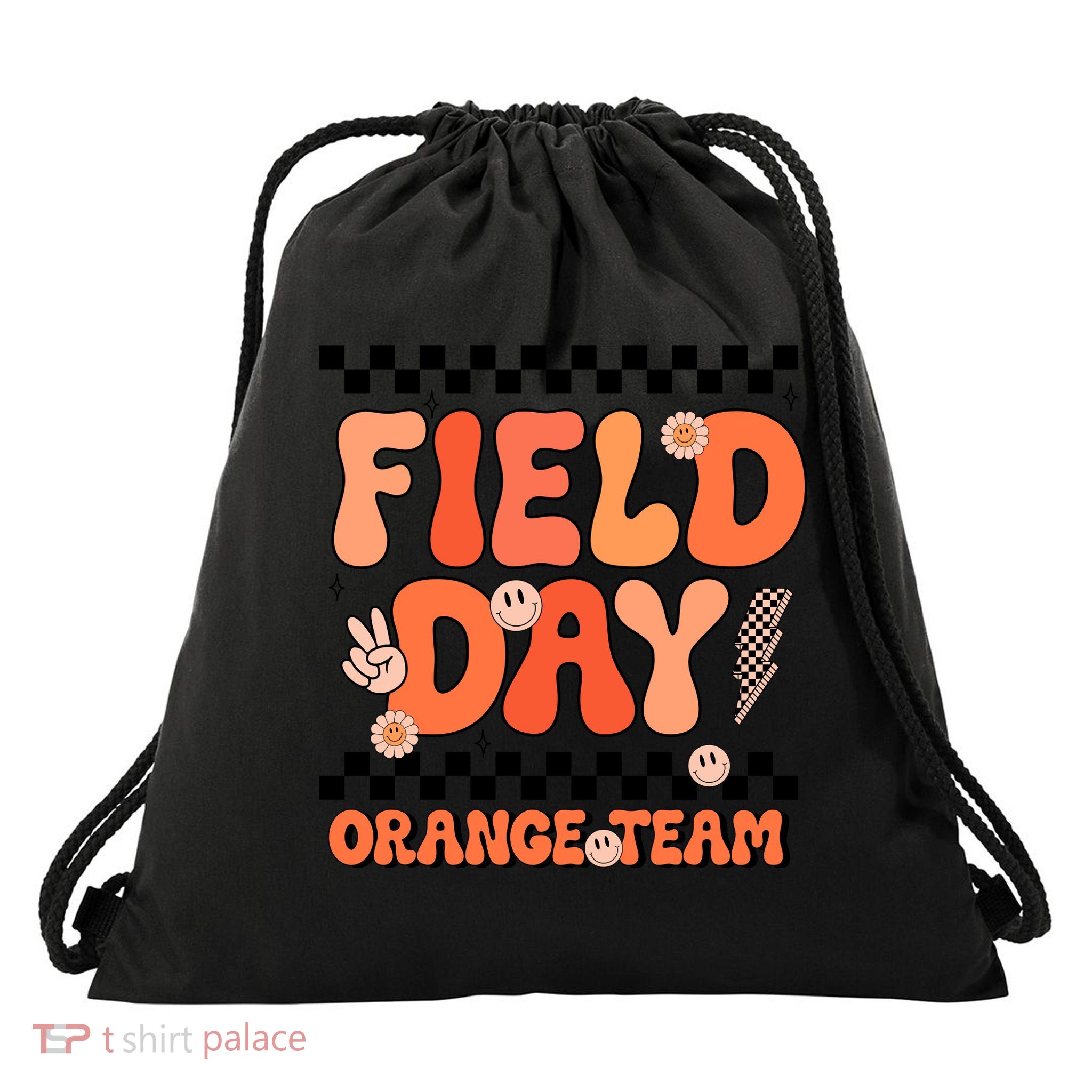 Field Day Orange Team Groovy Smile Face Checkered Students Drawstring Bag