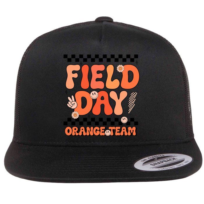 Field Day Orange Team Groovy Smile Face Checkered Students Flat Bill Trucker Hat
