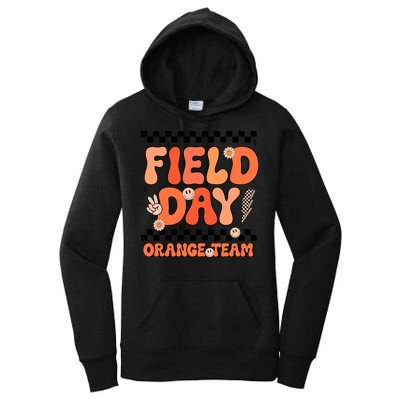Field Day Orange Team Groovy Smile Face Checkered Students Women's Pullover Hoodie