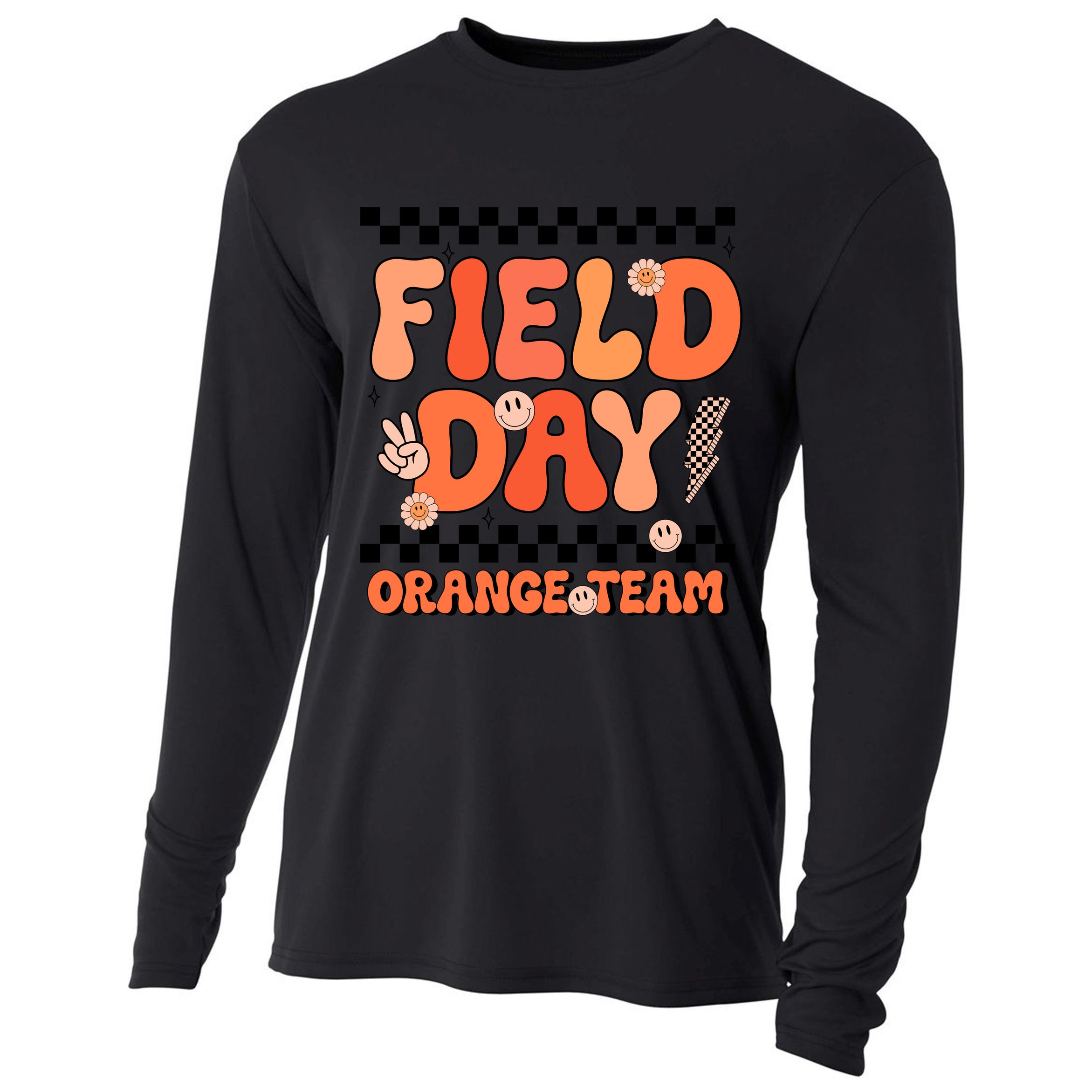 Field Day Orange Team Groovy Smile Face Checkered Students Cooling Performance Long Sleeve Crew