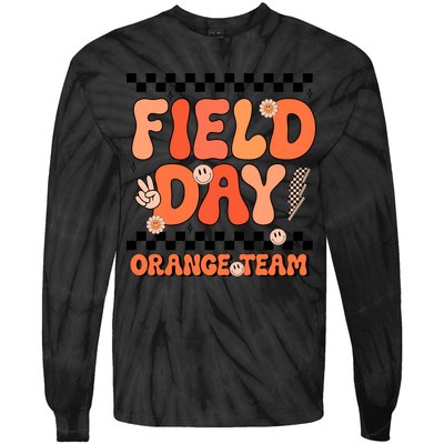 Field Day Orange Team Groovy Smile Face Checkered Students Tie-Dye Long Sleeve Shirt
